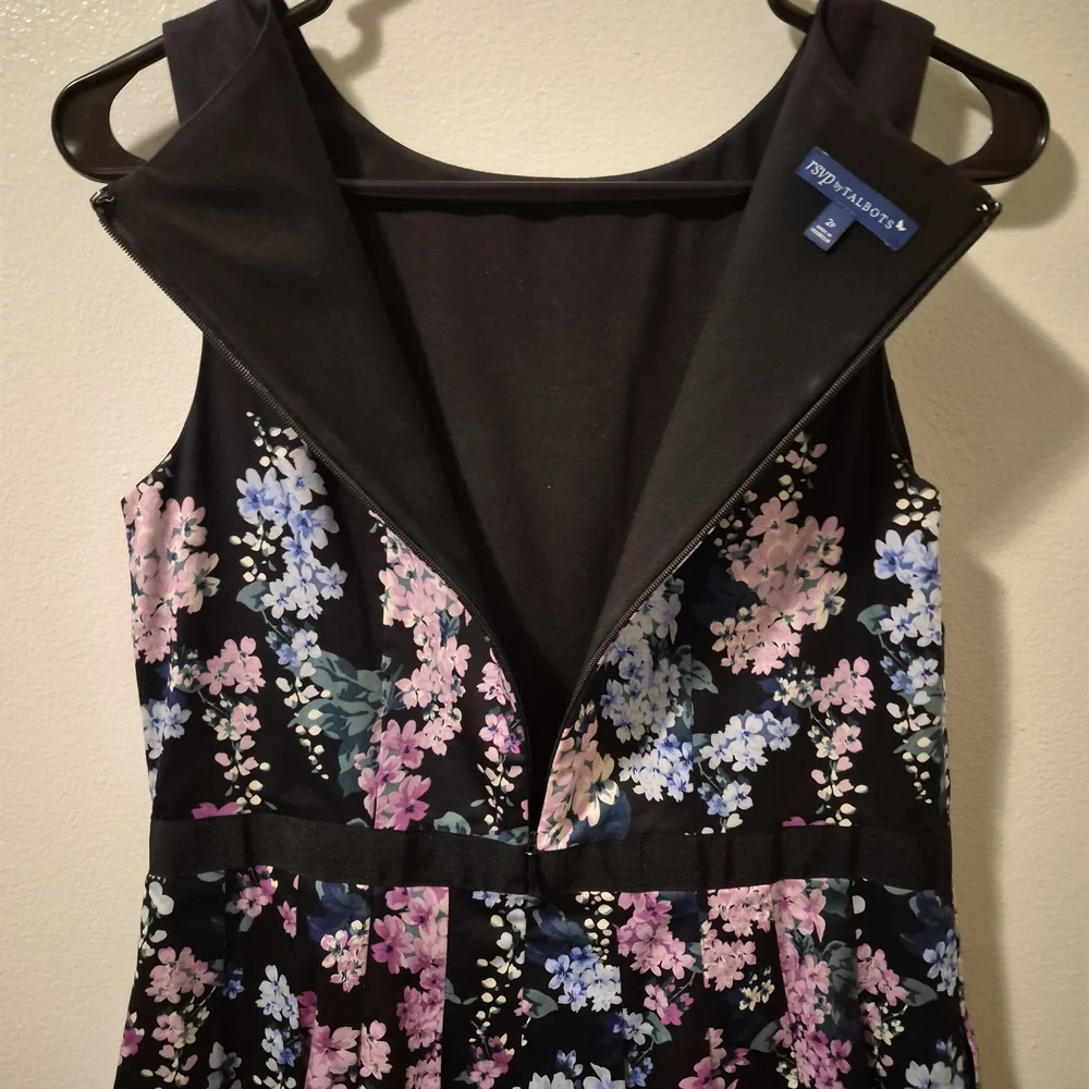 Talbots Black Floral Sateen Fit And Flare Midi Dress with Pink and Blue Blooms - Picture 5 of 9